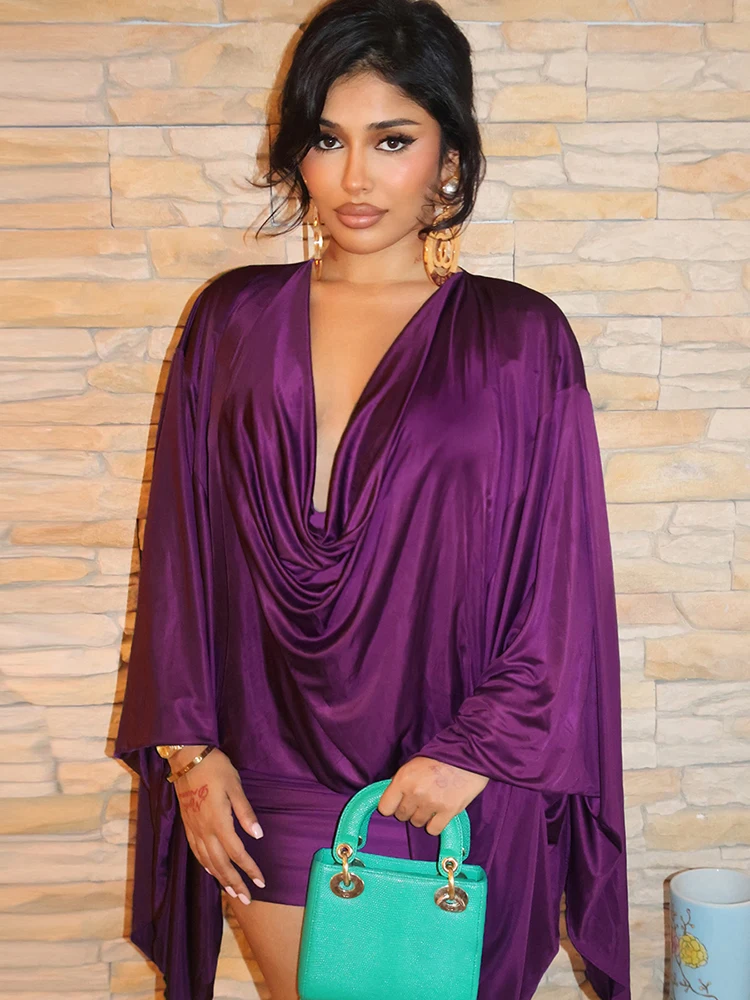 2026 Spring Elegant Classic Satin Dress Women Y2K Deep V-Neck Swing Long Sleeve Simple Midnight Clubwear Midnight Skinny Bodycon