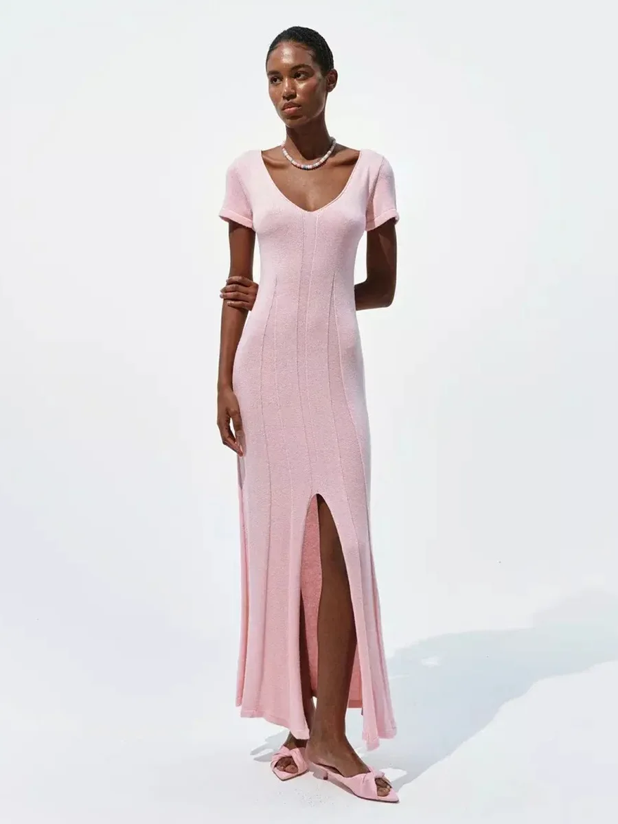 Tsiisd Ribbed Knit Maxi Dress For Women Deep V-Neck Slim High Slit Elegant Patchwork Commute Party Dress Women Knitwear Dress