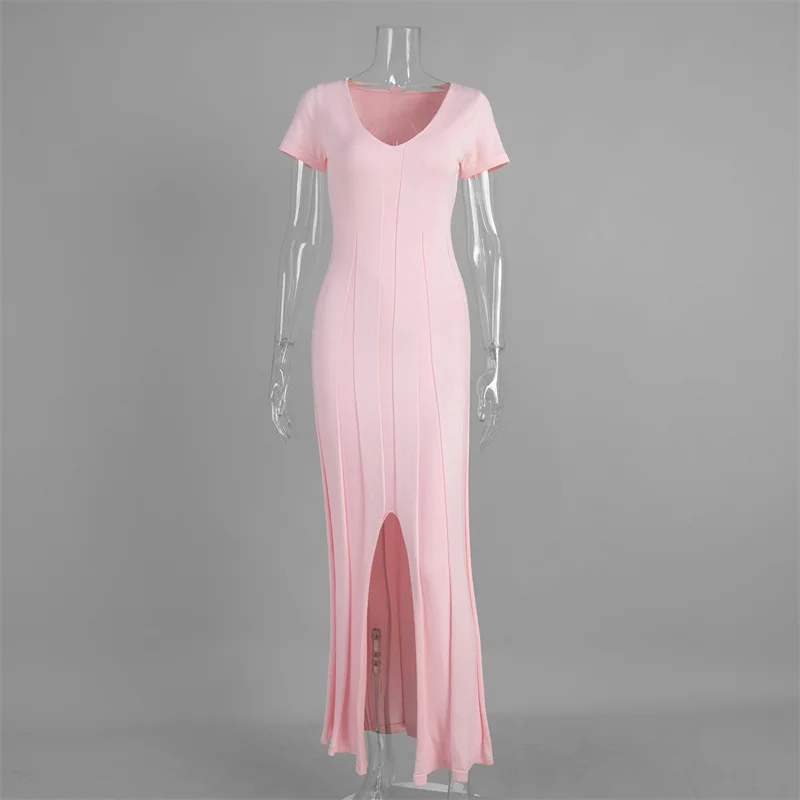 Tsiisd Ribbed Knit Maxi Dress For Women Deep V-Neck Slim High Slit Elegant Patchwork Commute Party Dress Women Knitwear Dress