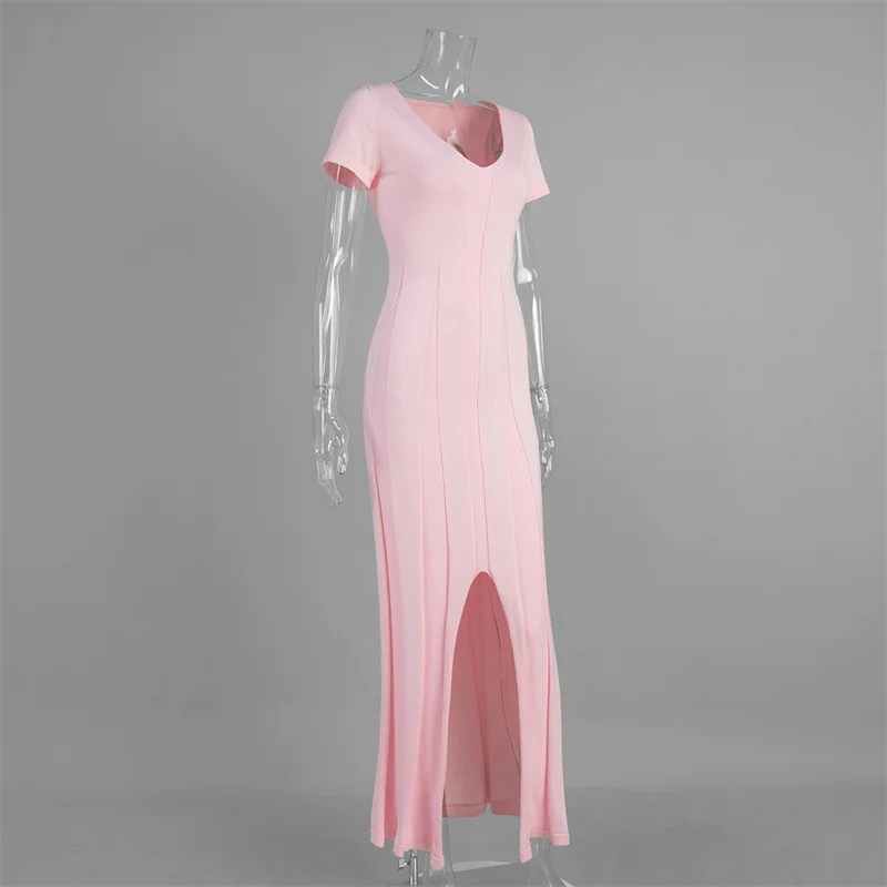 Tsiisd Ribbed Knit Maxi Dress For Women Deep V-Neck Slim High Slit Elegant Patchwork Commute Party Dress Women Knitwear Dress