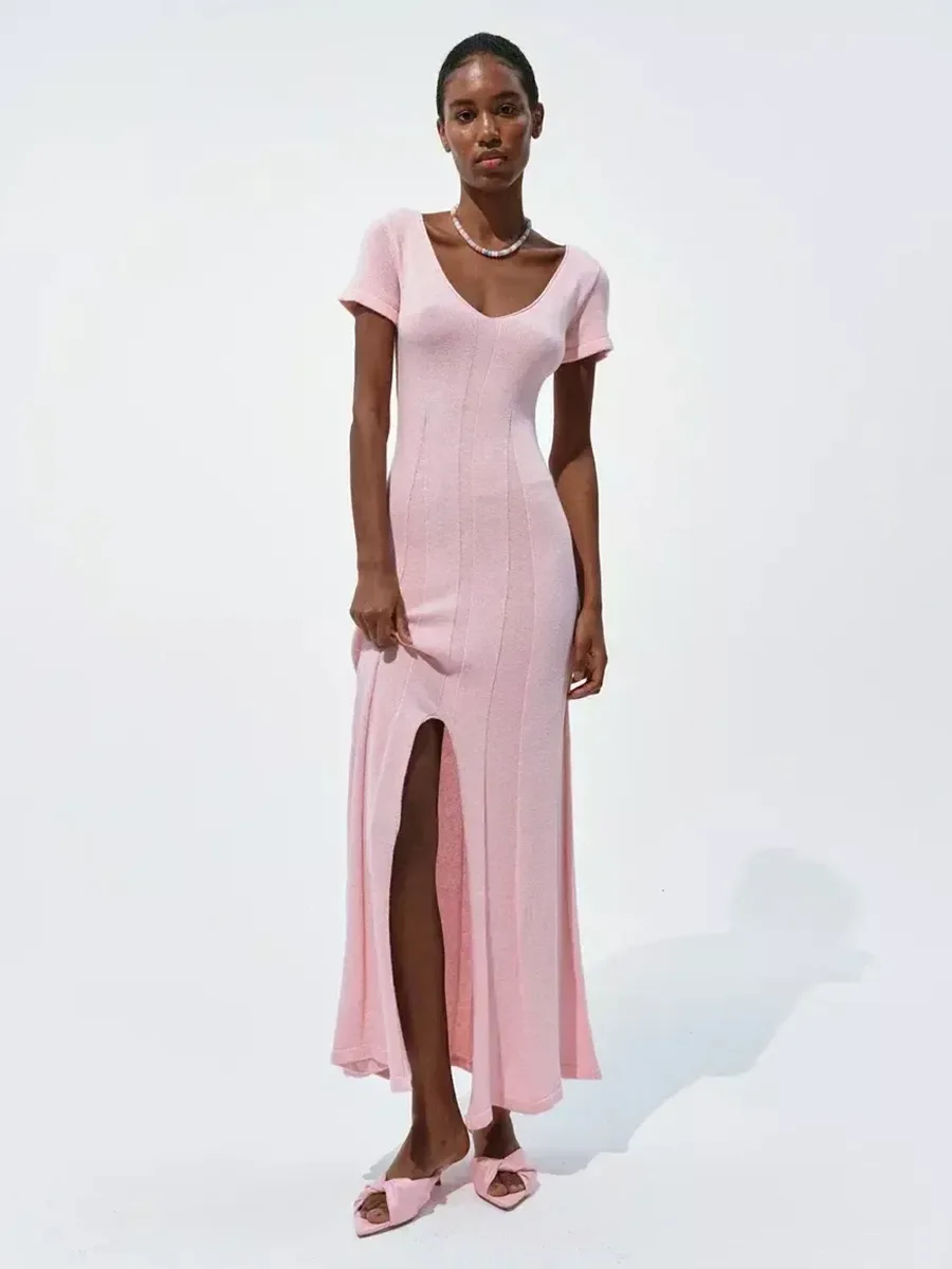 Tsiisd Ribbed Knit Maxi Dress For Women Deep V-Neck Slim High Slit Elegant Patchwork Commute Party Dress Women Knitwear Dress