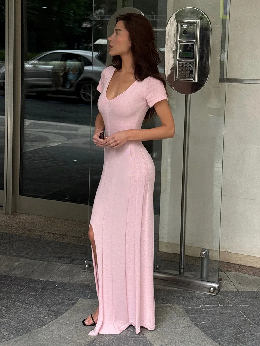 Tsiisd Ribbed Knit Maxi Dress For Women Deep V-Neck Slim High Slit Elegant Patchwork Commute Party Dress Women Knitwear Dress