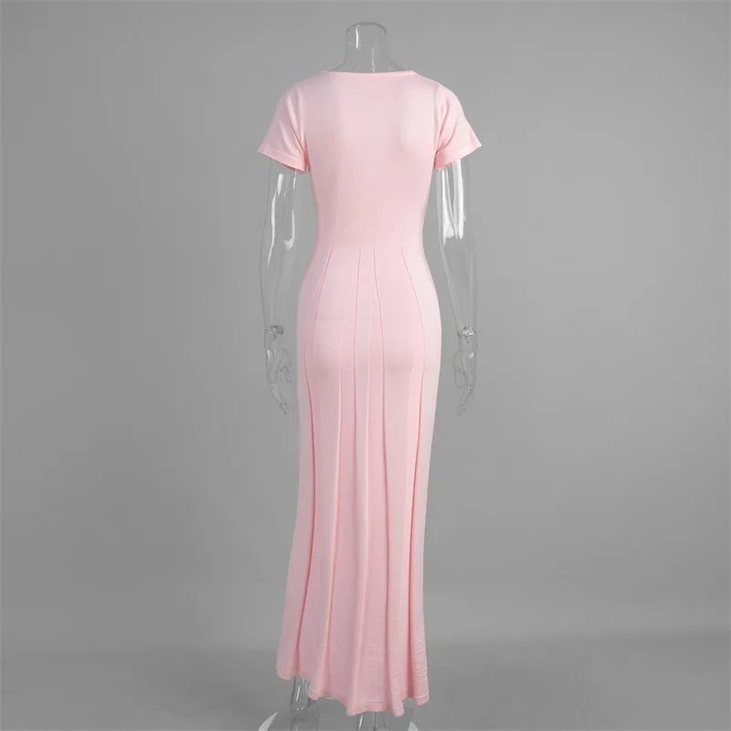 Tsiisd Ribbed Knit Maxi Dress For Women Deep V-Neck Slim High Slit Elegant Patchwork Commute Party Dress Women Knitwear Dress