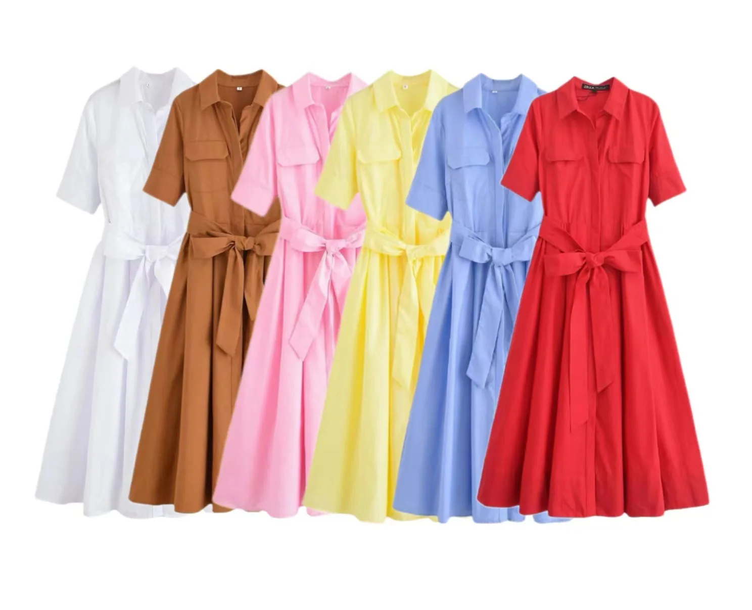 Women's Short Sleeve Shirt Dress With Casual Pockets Decoration Classic Long Dresses Summer Fashion Lapel Vestidos Para Mujer