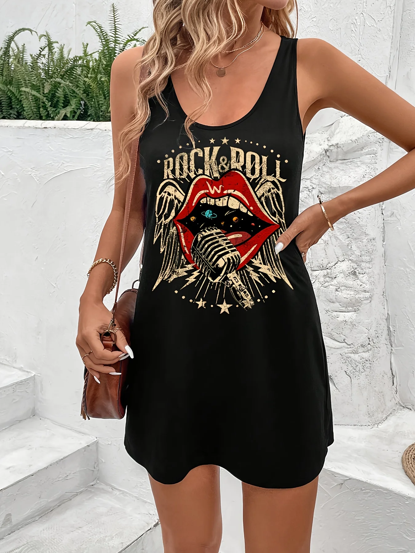 Women's Black Sleep Tank Dress Red Lips Women's Black Tank Top Dress Summer Sleeveless Loose and Comfortable Soft Vacation Punk