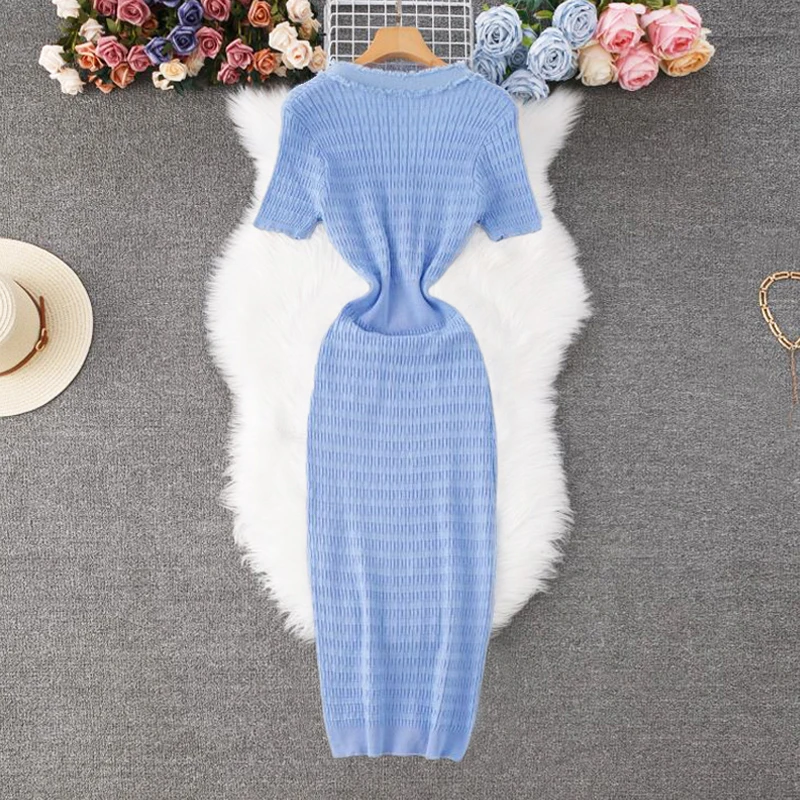 YuooMuoo 2026 New Arrival Women Knitted Long Dress Elegant V-neck Single-breasted Split Sweater Dress Office Lady Vestidos