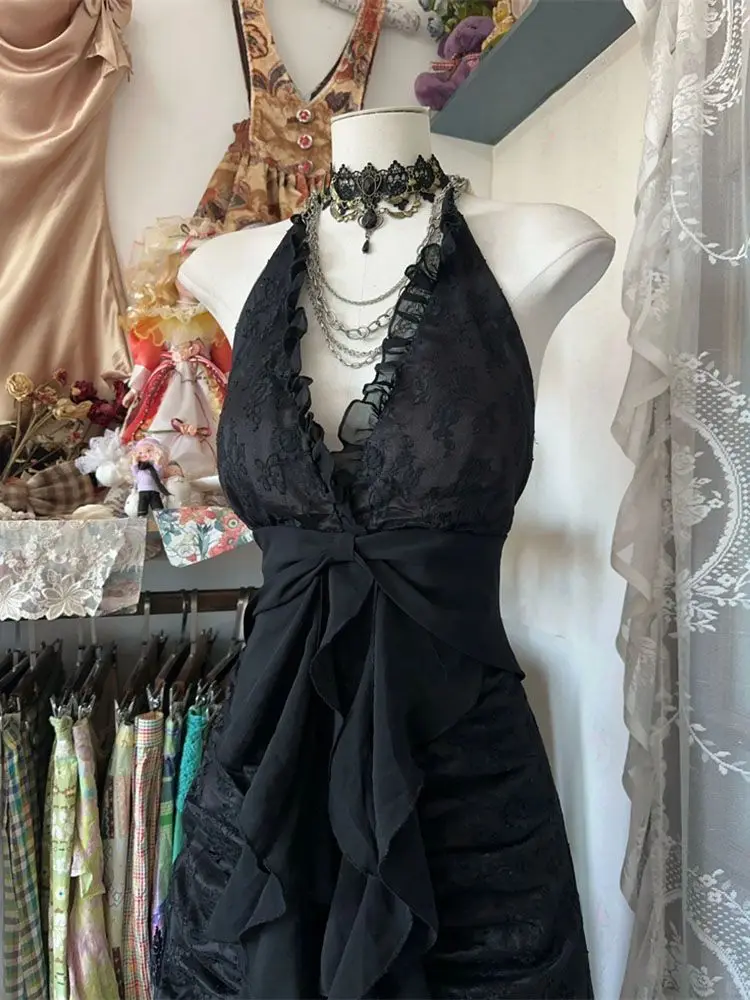 France Vintage Slim Slash Neck Sleeveless Dress Women Gothic Y2k V-neck Black Summer Dresses High Street Chic Skinny Clothing