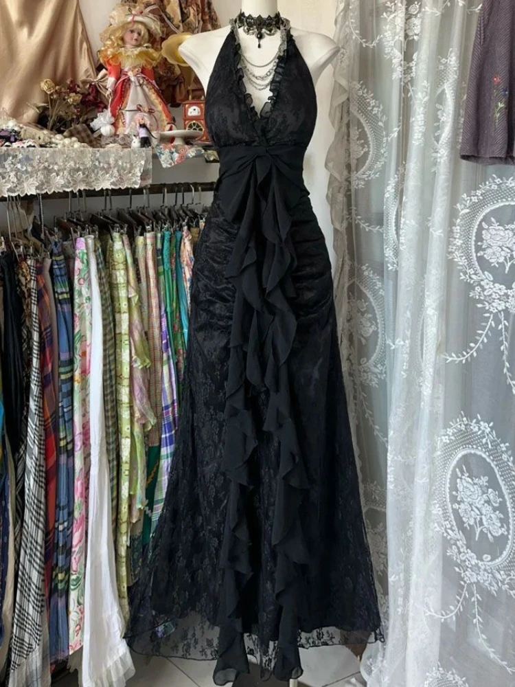 France Vintage Slim Slash Neck Sleeveless Dress Women Gothic Y2k V-neck Black Summer Dresses High Street Chic Skinny Clothing