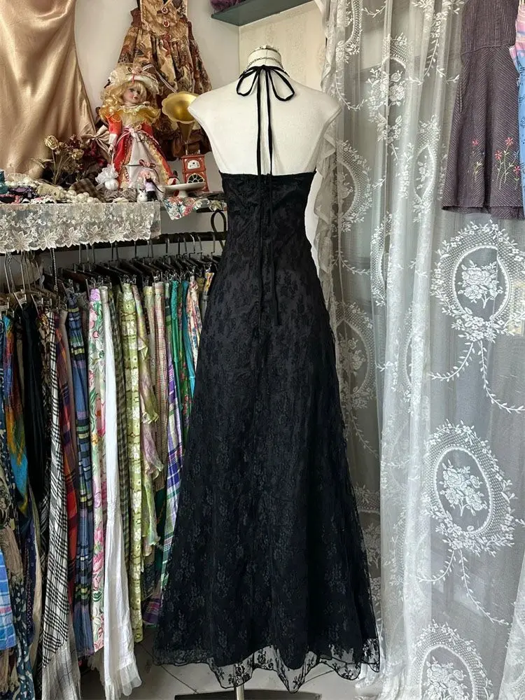 France Vintage Slim Slash Neck Sleeveless Dress Women Gothic Y2k V-neck Black Summer Dresses High Street Chic Skinny Clothing