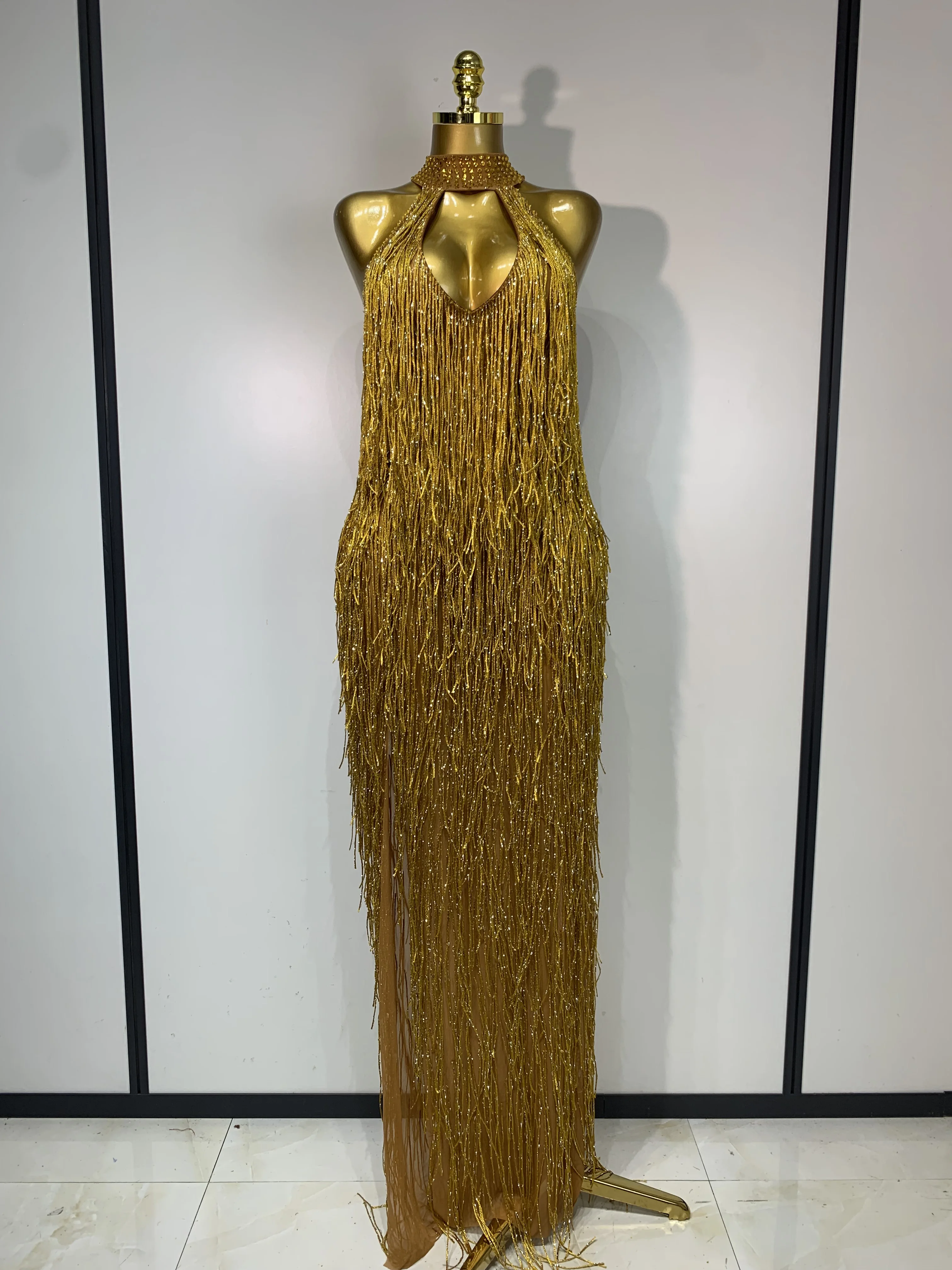 Women Sexy Shiny Crystals Tassel Gold Dress Elegant Evening Party Prom Gown Nightclub Birthday Dress Photoshoot Stage Outfit
