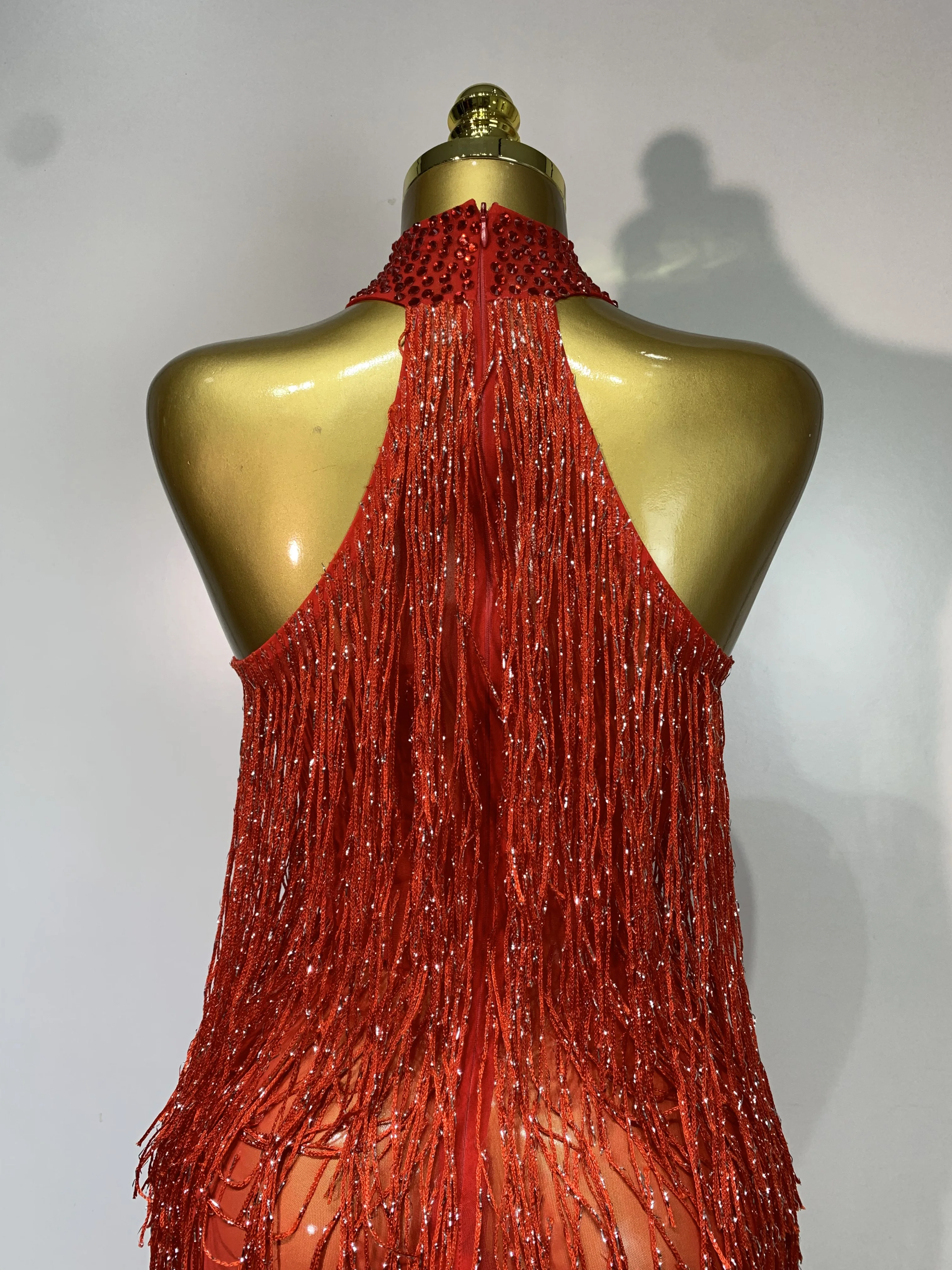 Women Sexy Shiny Crystals Tassel Gold Dress Elegant Evening Party Prom Gown Nightclub Birthday Dress Photoshoot Stage Outfit