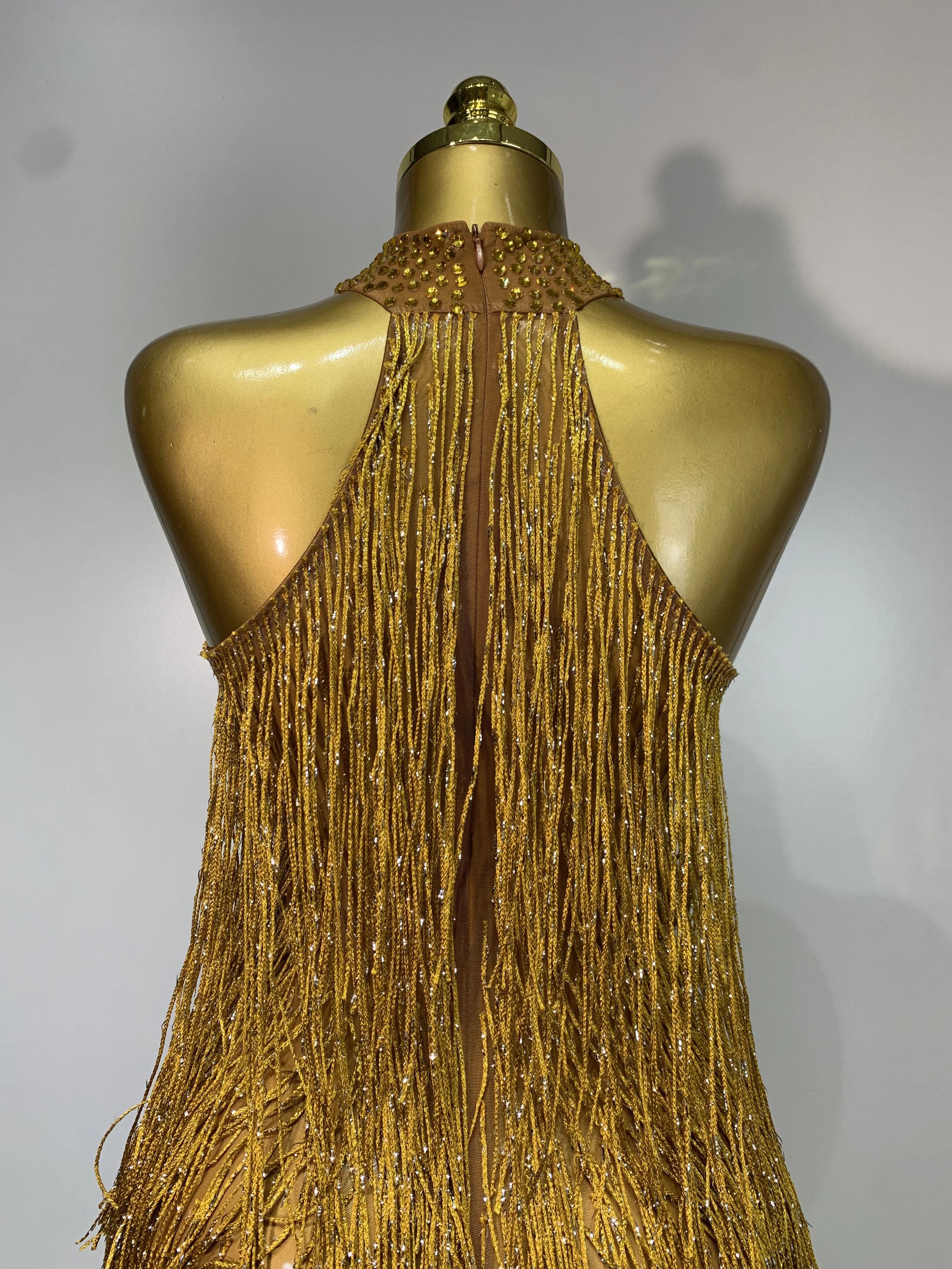 Women Sexy Shiny Crystals Tassel Gold Dress Elegant Evening Party Prom Gown Nightclub Birthday Dress Photoshoot Stage Outfit