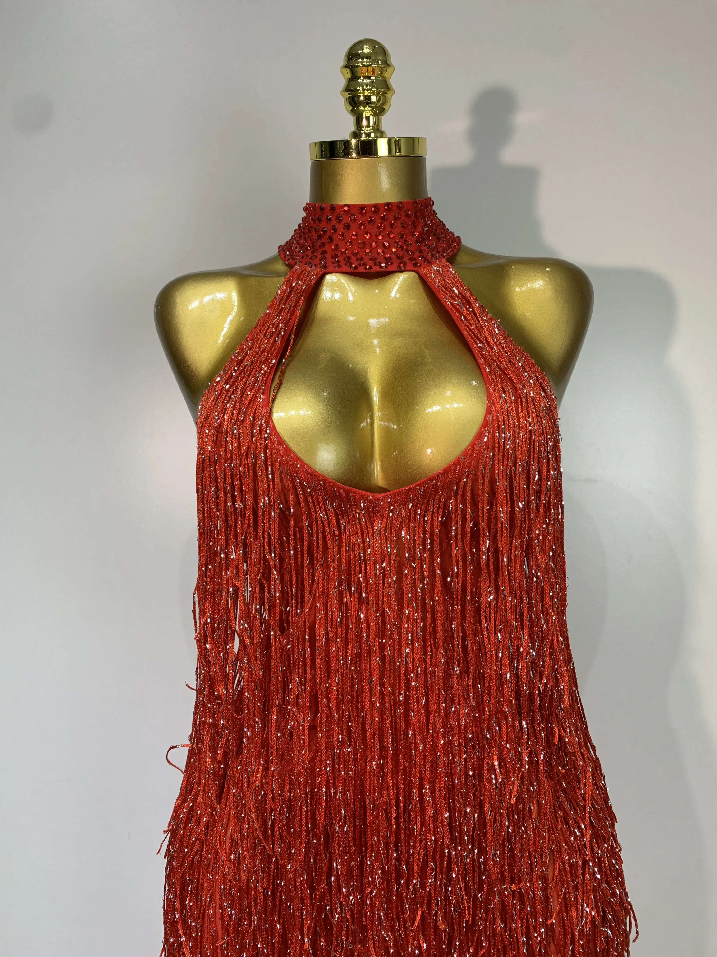 Women Sexy Shiny Crystals Tassel Gold Dress Elegant Evening Party Prom Gown Nightclub Birthday Dress Photoshoot Stage Outfit