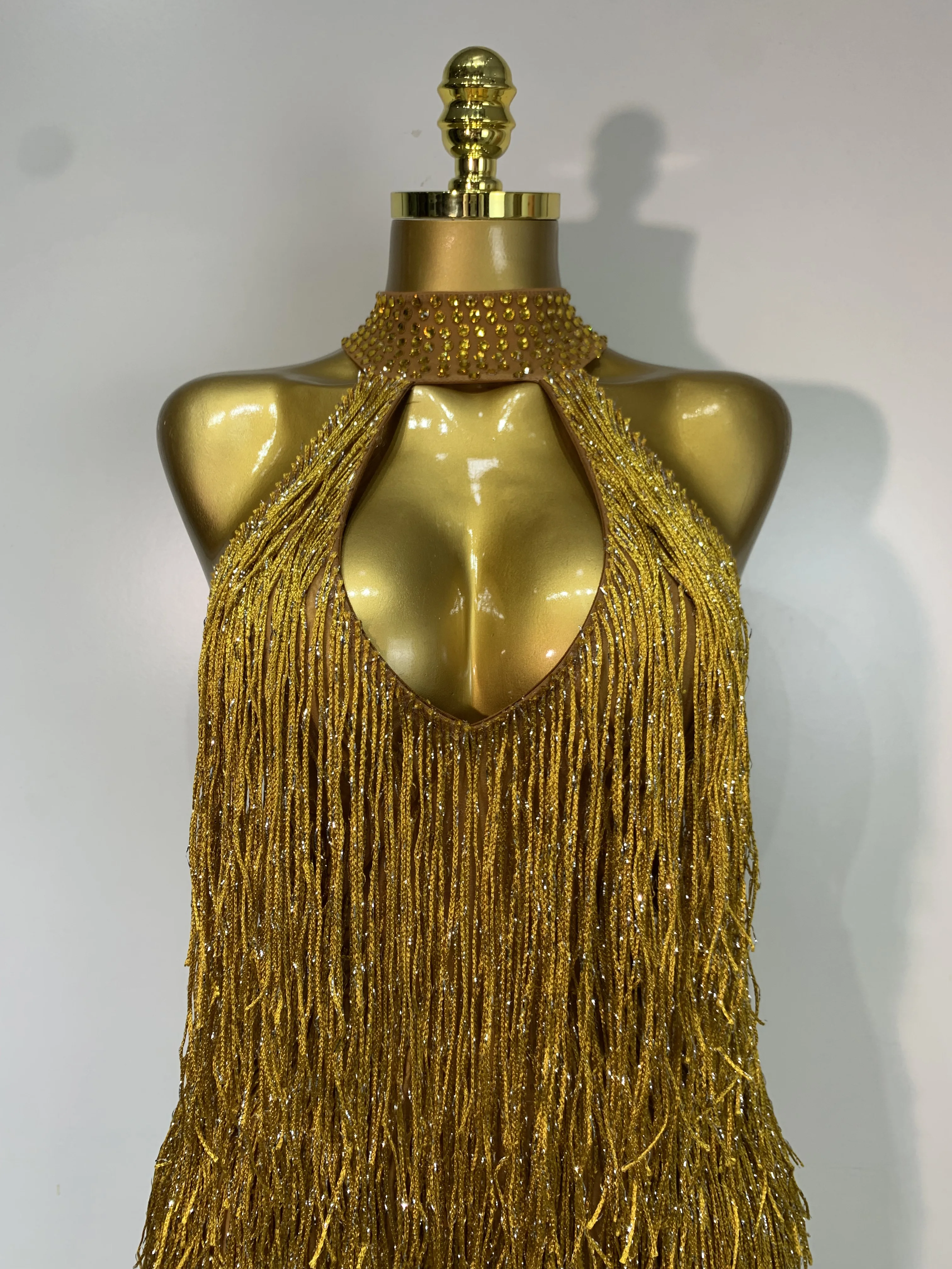 Women Sexy Shiny Crystals Tassel Gold Dress Elegant Evening Party Prom Gown Nightclub Birthday Dress Photoshoot Stage Outfit