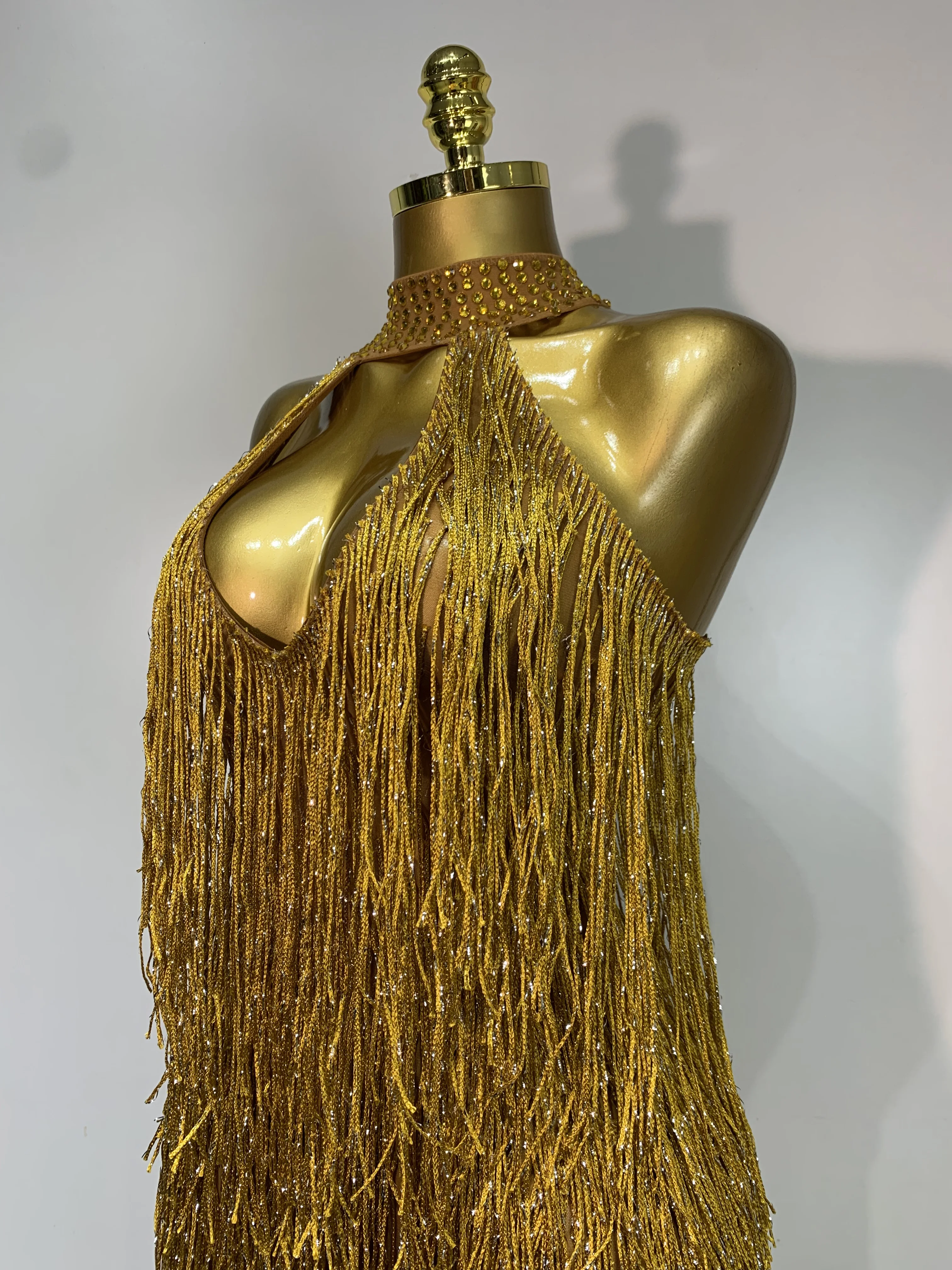 Women Sexy Shiny Crystals Tassel Gold Dress Elegant Evening Party Prom Gown Nightclub Birthday Dress Photoshoot Stage Outfit