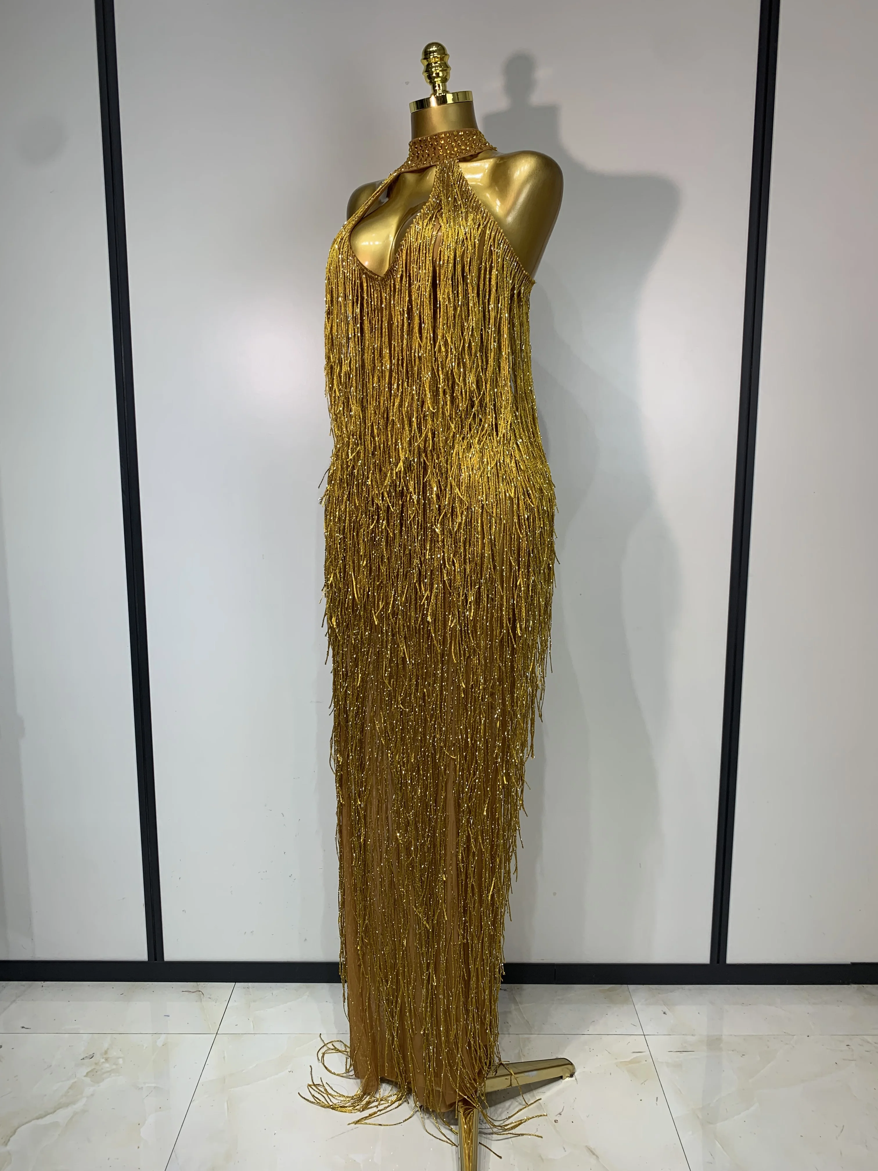 Women Sexy Shiny Crystals Tassel Gold Dress Elegant Evening Party Prom Gown Nightclub Birthday Dress Photoshoot Stage Outfit