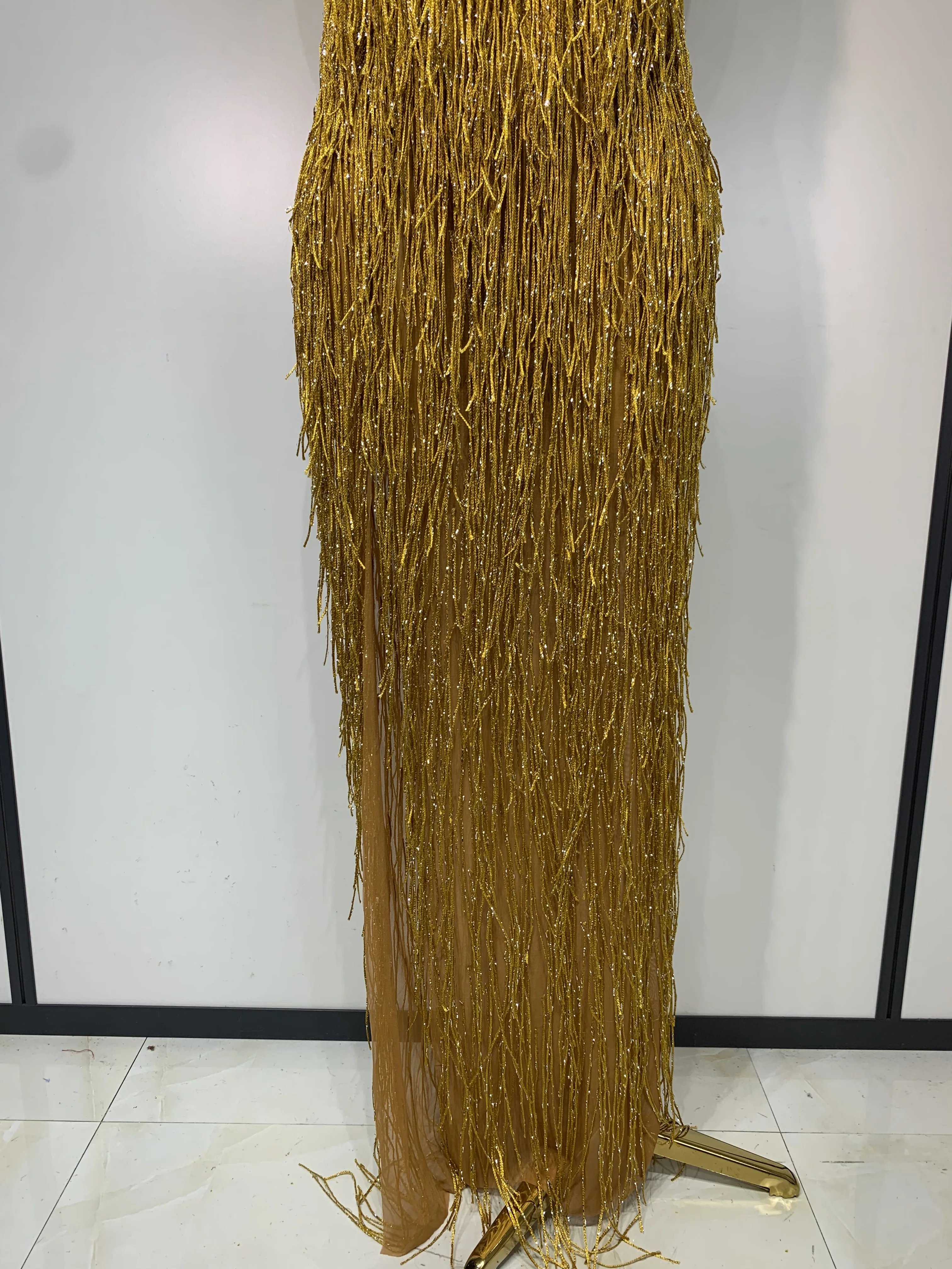 Women Sexy Shiny Crystals Tassel Gold Dress Elegant Evening Party Prom Gown Nightclub Birthday Dress Photoshoot Stage Outfit