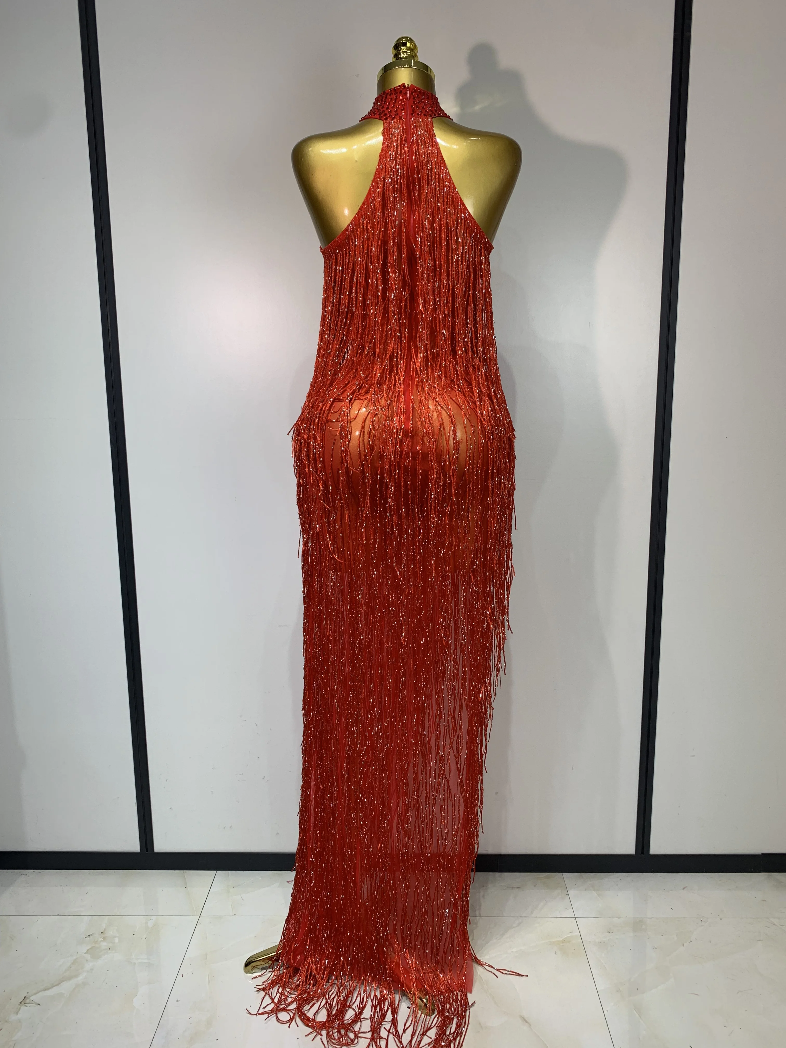 Women Sexy Shiny Crystals Tassel Gold Dress Elegant Evening Party Prom Gown Nightclub Birthday Dress Photoshoot Stage Outfit
