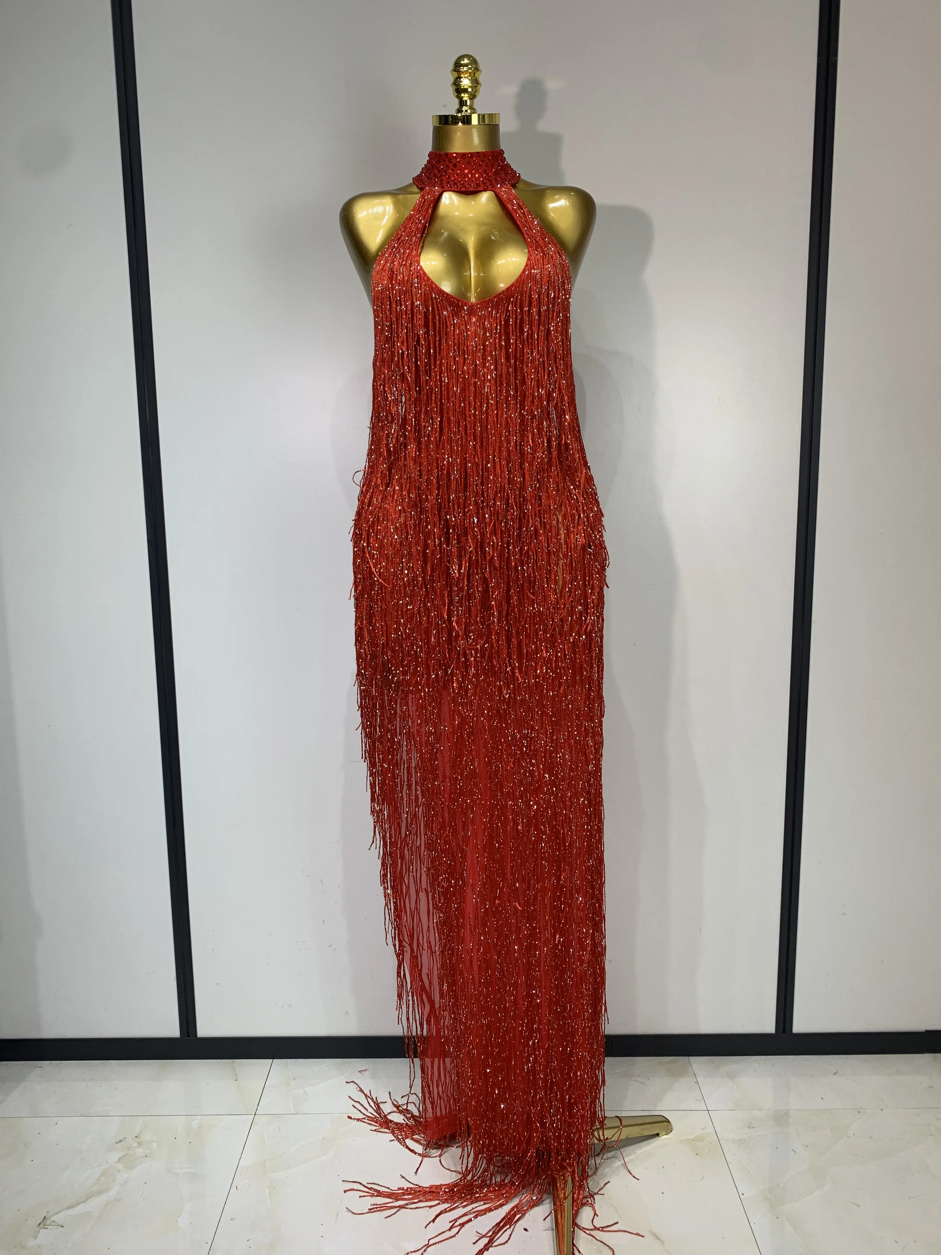 Women Sexy Shiny Crystals Tassel Gold Dress Elegant Evening Party Prom Gown Nightclub Birthday Dress Photoshoot Stage Outfit