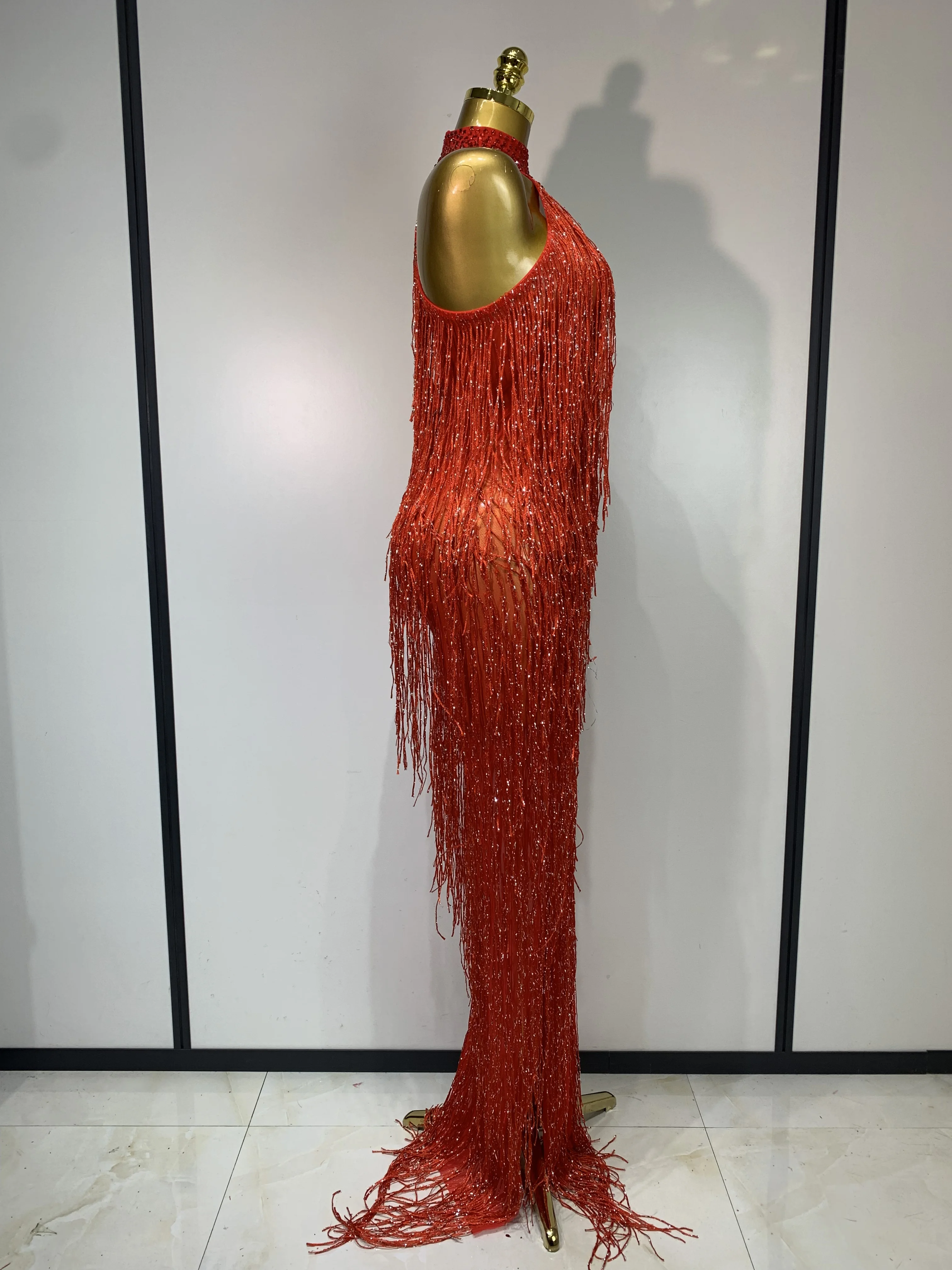 Women Sexy Shiny Crystals Tassel Gold Dress Elegant Evening Party Prom Gown Nightclub Birthday Dress Photoshoot Stage Outfit