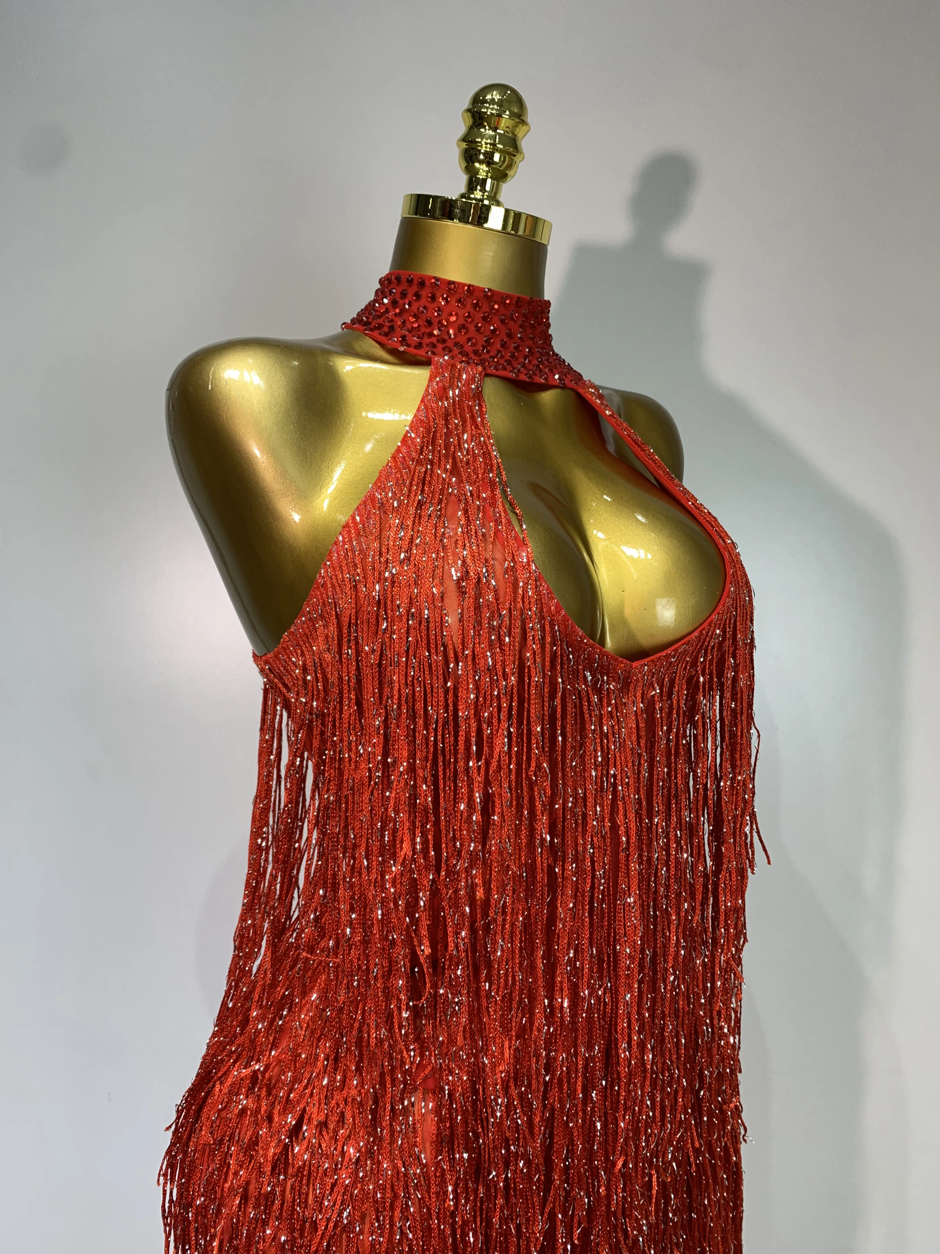 Women Sexy Shiny Crystals Tassel Gold Dress Elegant Evening Party Prom Gown Nightclub Birthday Dress Photoshoot Stage Outfit