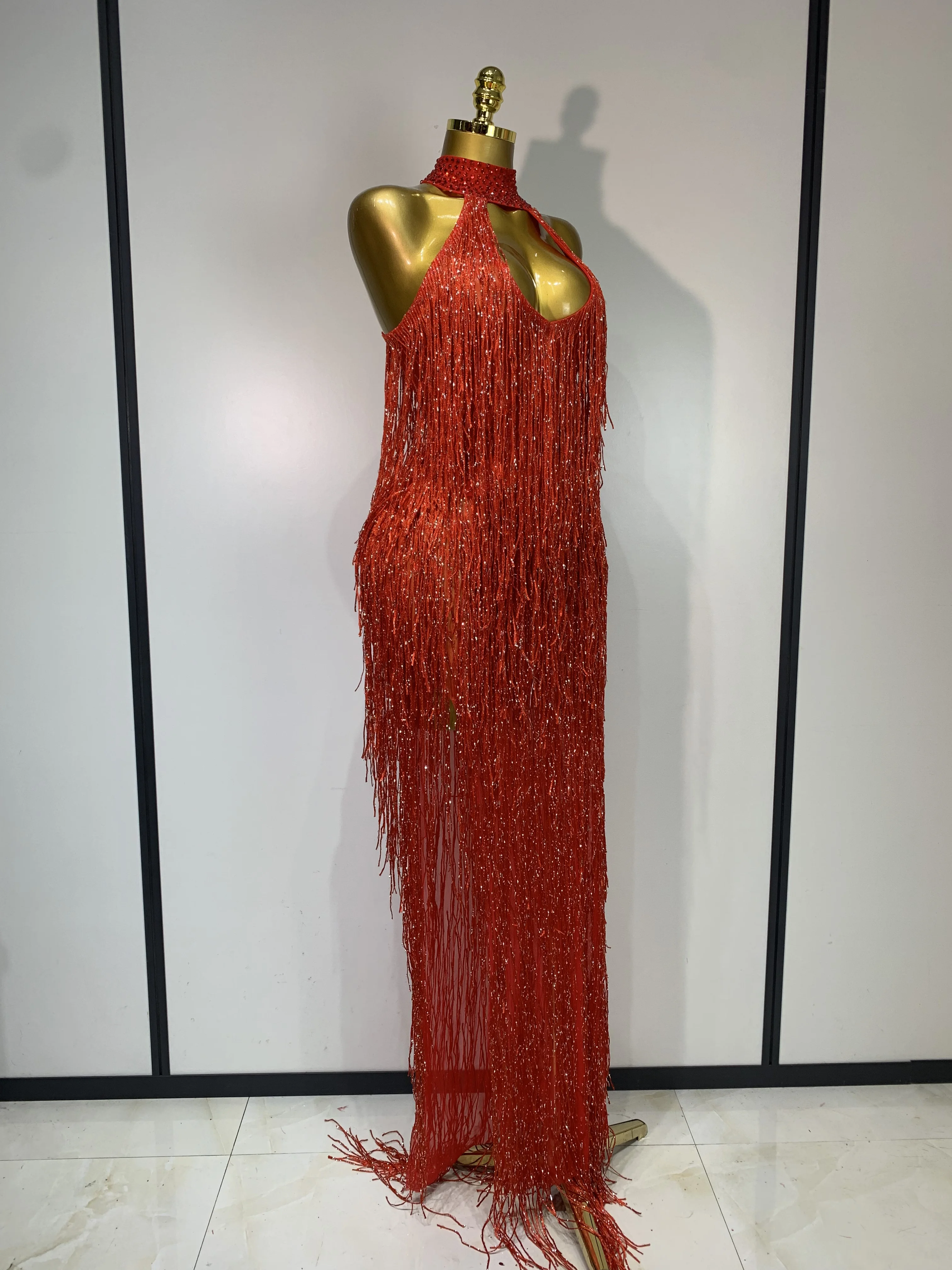 Women Sexy Shiny Crystals Tassel Gold Dress Elegant Evening Party Prom Gown Nightclub Birthday Dress Photoshoot Stage Outfit
