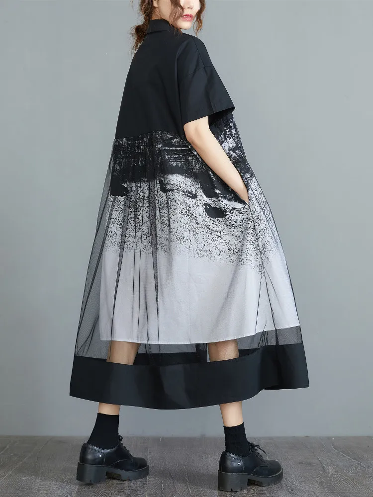 short sleeve black mesh vintage floral new in dresses for women casual loose long summer shirt dress elegant clothing 2026