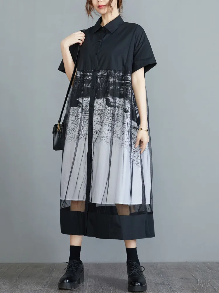 short sleeve black mesh vintage floral new in dresses for women casual loose long summer shirt dress elegant clothing 2026