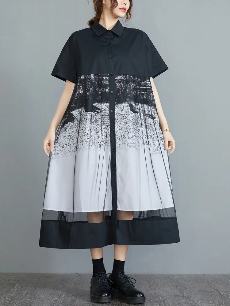 short sleeve black mesh vintage floral new in dresses for women casual loose long summer shirt dress elegant clothing 2026
