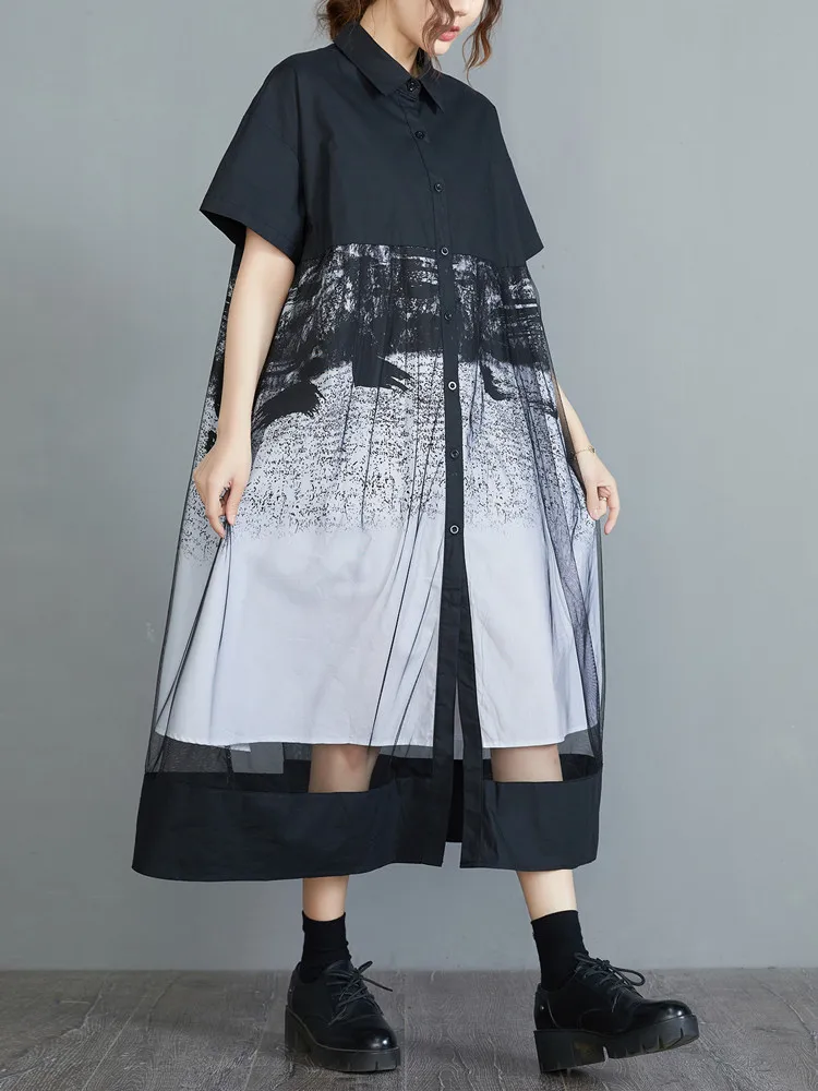 short sleeve black mesh vintage floral new in dresses for women casual loose long summer shirt dress elegant clothing 2026