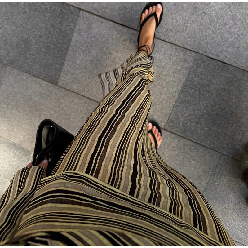 Casual Stripe Maxi Dresses Women Loose Full Sleeves Deep V-neck Ankle-length Dress 2026 New Ladies Summer Vacation Beach Outfit