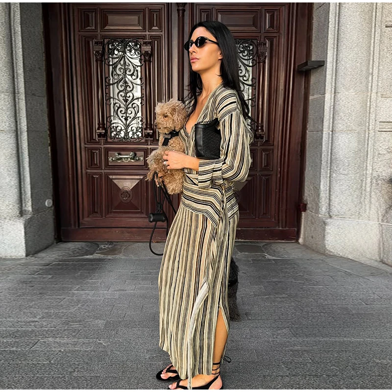 Casual Stripe Maxi Dresses Women Loose Full Sleeves Deep V-neck Ankle-length Dress 2026 New Ladies Summer Vacation Beach Outfit