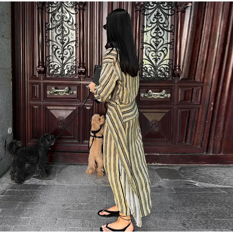 Casual Stripe Maxi Dresses Women Loose Full Sleeves Deep V-neck Ankle-length Dress 2026 New Ladies Summer Vacation Beach Outfit