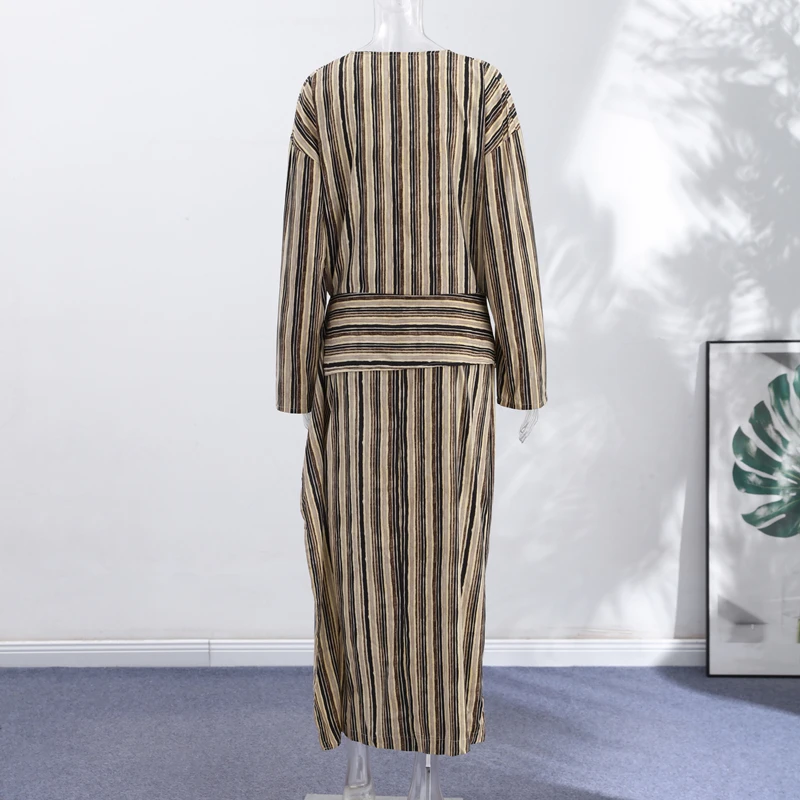 Casual Stripe Maxi Dresses Women Loose Full Sleeves Deep V-neck Ankle-length Dress 2026 New Ladies Summer Vacation Beach Outfit