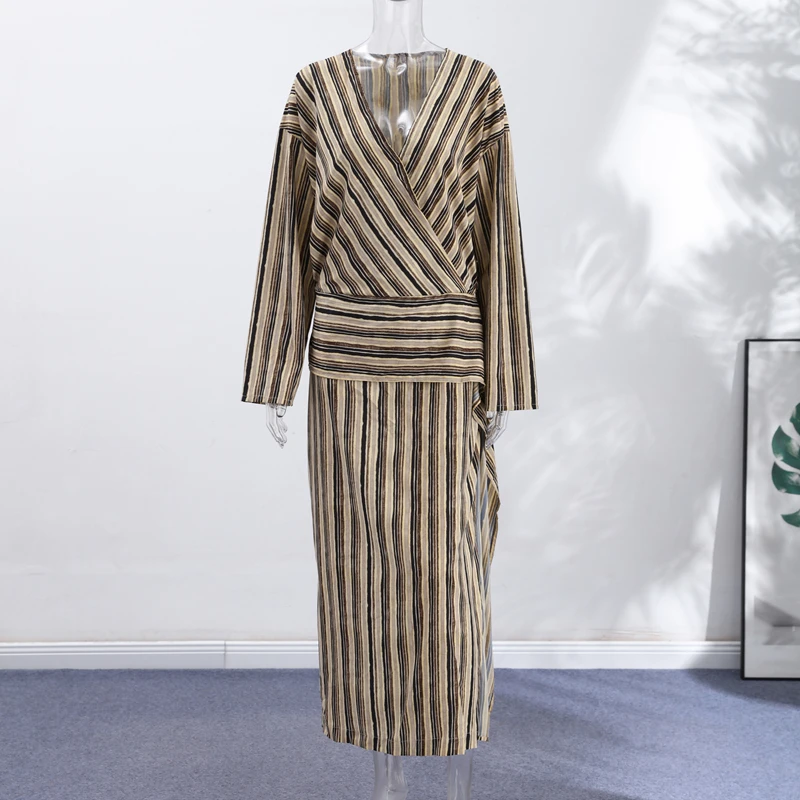 Casual Stripe Maxi Dresses Women Loose Full Sleeves Deep V-neck Ankle-length Dress 2026 New Ladies Summer Vacation Beach Outfit