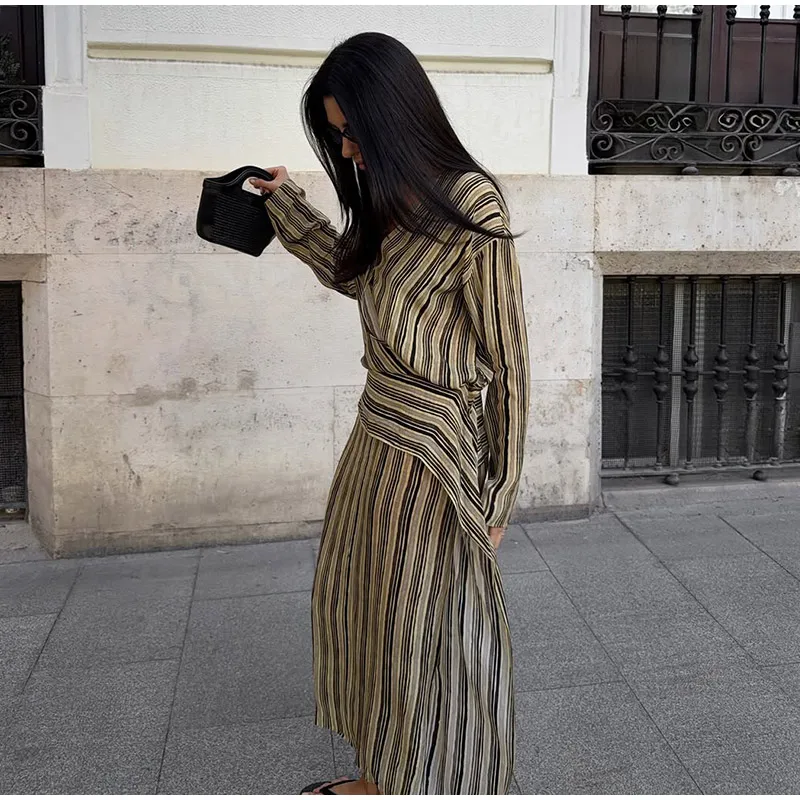 Casual Stripe Maxi Dresses Women Loose Full Sleeves Deep V-neck Ankle-length Dress 2026 New Ladies Summer Vacation Beach Outfit