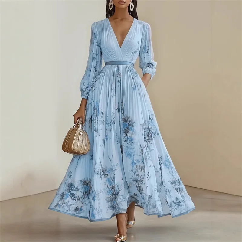 New Spring Summer Ladies Elegant Dress Sexy V-neck Print Long Sleeve Big Swing A-line Holiday Dress Women Maxi Dresses Clothing