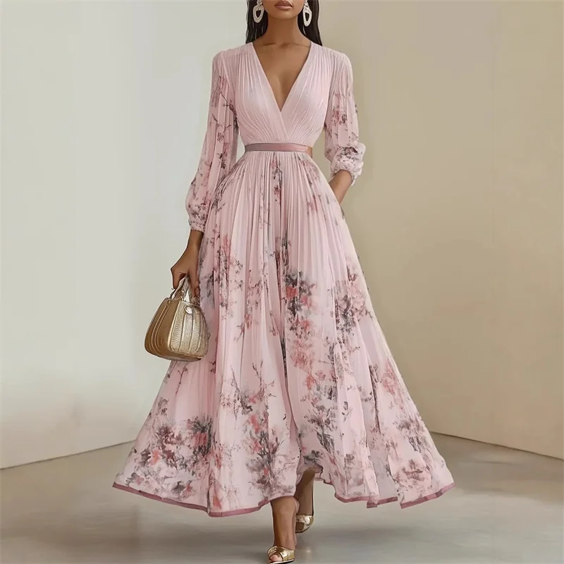 New Spring Summer Ladies Elegant Dress Sexy V-neck Print Long Sleeve Big Swing A-line Holiday Dress Women Maxi Dresses Clothing