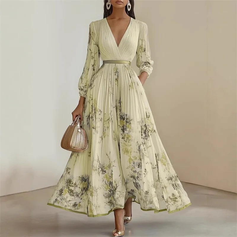New Spring Summer Ladies Elegant Dress Sexy V-neck Print Long Sleeve Big Swing A-line Holiday Dress Women Maxi Dresses Clothing