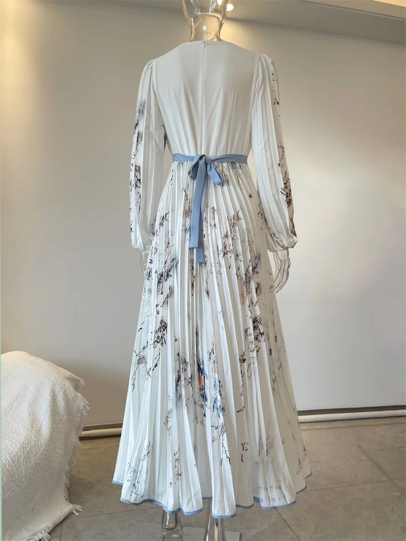 New Spring Summer Ladies Elegant Dress Sexy V-neck Print Long Sleeve Big Swing A-line Holiday Dress Women Maxi Dresses Clothing
