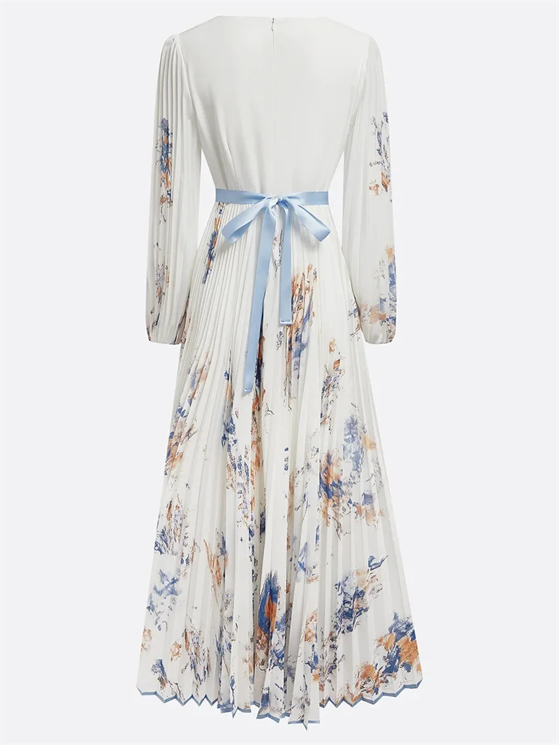 New Spring Summer Ladies Elegant Dress Sexy V-neck Print Long Sleeve Big Swing A-line Holiday Dress Women Maxi Dresses Clothing