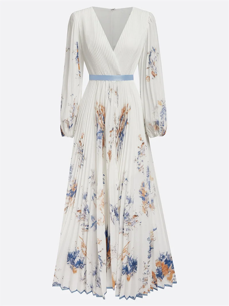 New Spring Summer Ladies Elegant Dress Sexy V-neck Print Long Sleeve Big Swing A-line Holiday Dress Women Maxi Dresses Clothing