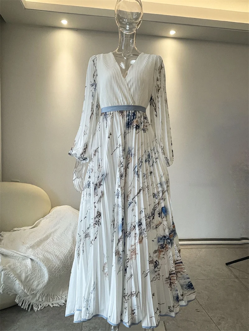 New Spring Summer Ladies Elegant Dress Sexy V-neck Print Long Sleeve Big Swing A-line Holiday Dress Women Maxi Dresses Clothing