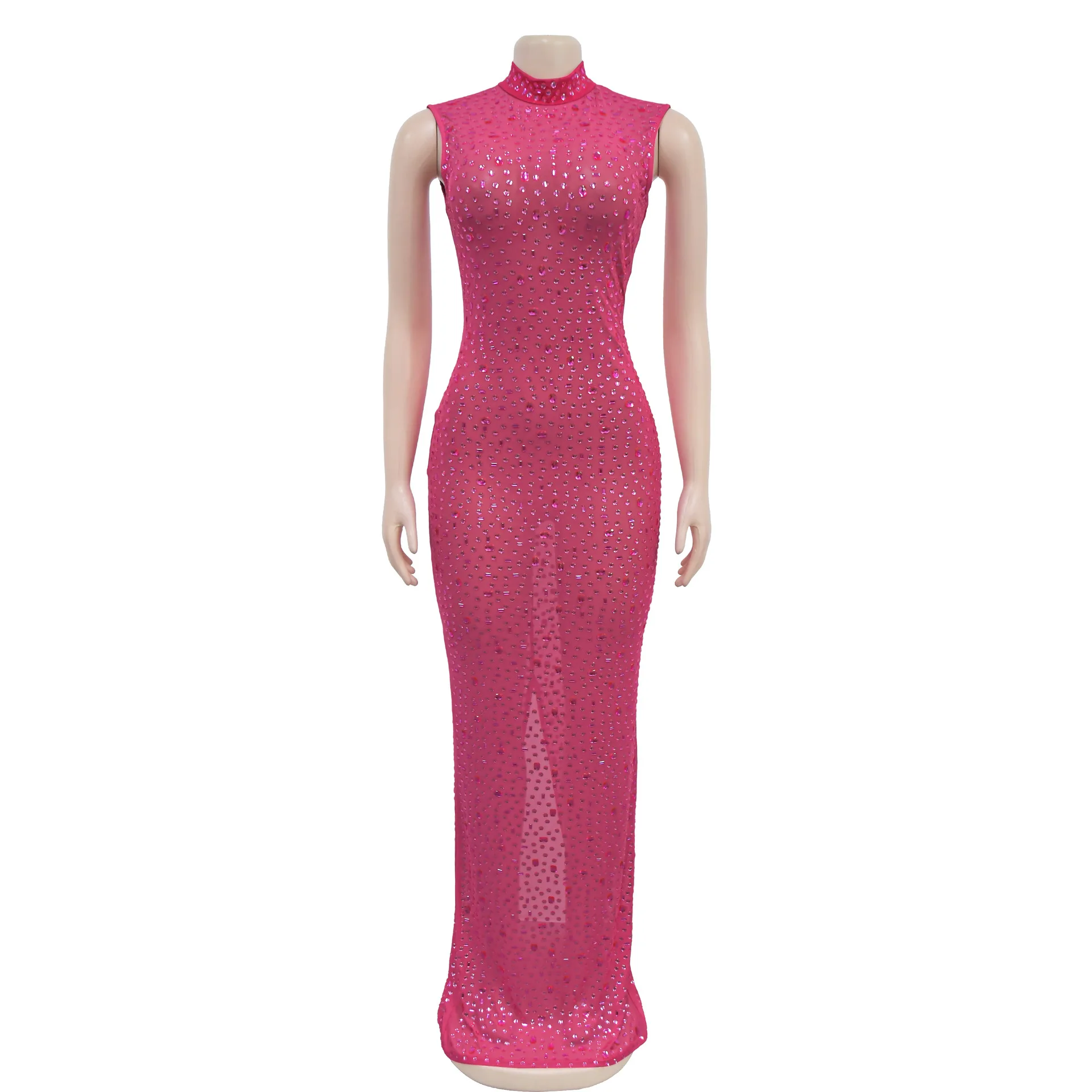 CM.YAYA 2024 Fall Diamonds Hot Rhinestones O-neck Women Sleeveless Bodycon Long Dress Birthday Party Evening Prom Maxi Dresses