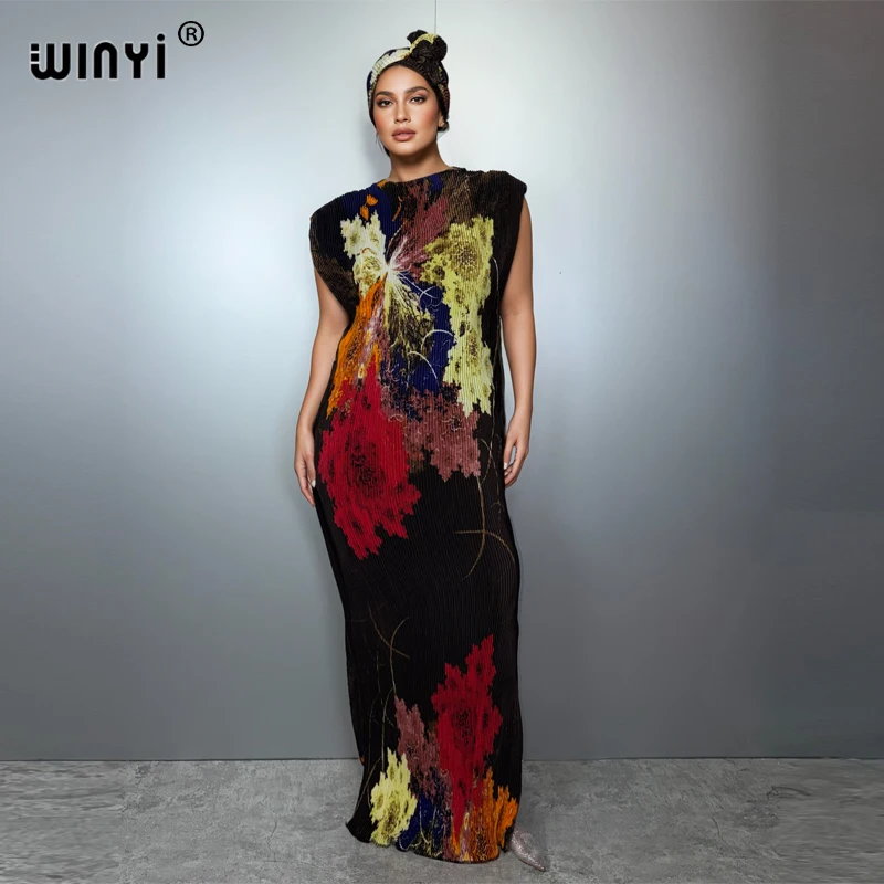WINYI Pleated Elastic Slim Dress Women Crumple Design Pleated Luxury Abaya Muslim Party Dress Poncho for Women Beach Wear Kaftan