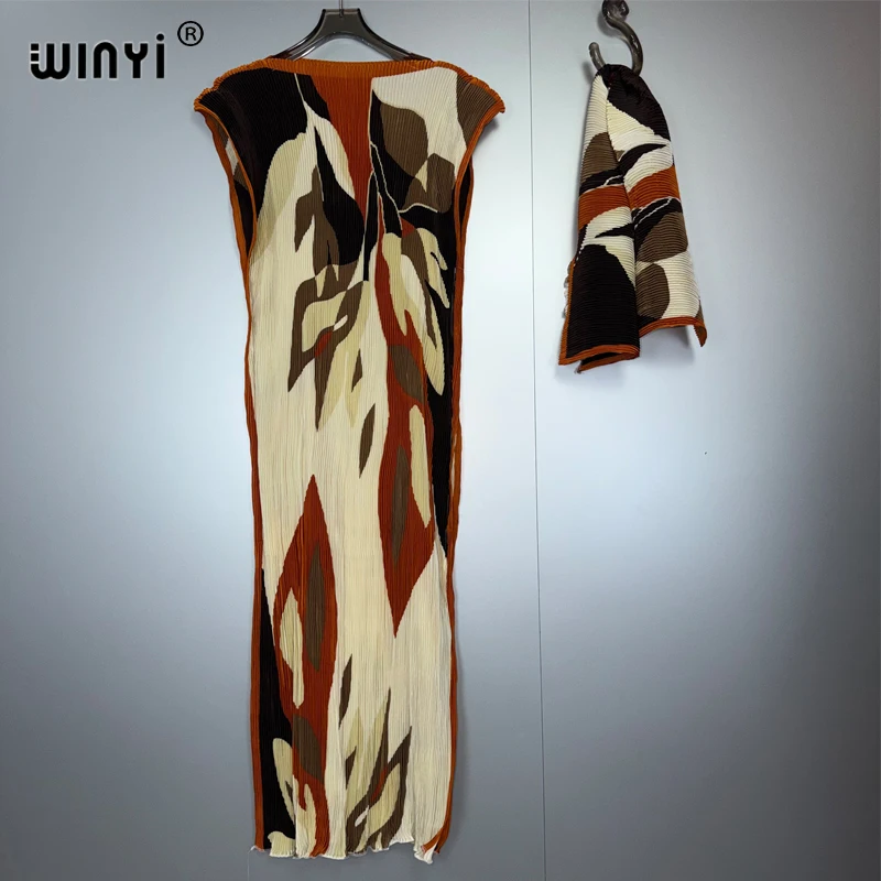 WINYI Pleated Elastic Slim Dress Women Crumple Design Pleated Luxury Abaya Muslim Party Dress Poncho for Women Beach Wear Kaftan