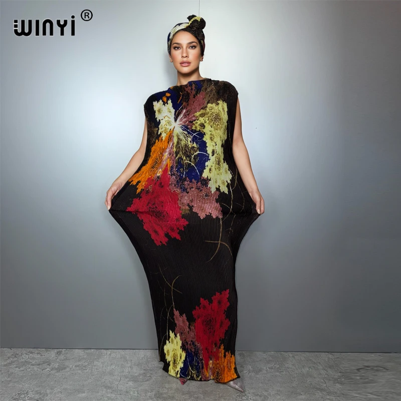 WINYI Pleated Elastic Slim Dress Women Crumple Design Pleated Luxury Abaya Muslim Party Dress Poncho for Women Beach Wear Kaftan