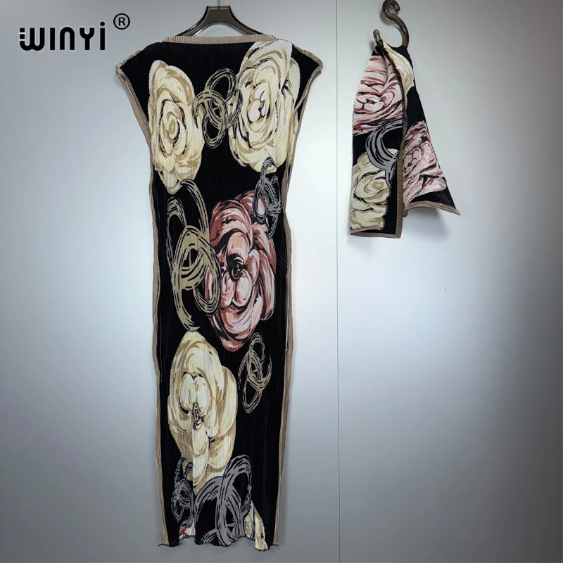 WINYI Pleated Elastic Slim Dress Women Crumple Design Pleated Luxury Abaya Muslim Party Dress Poncho for Women Beach Wear Kaftan