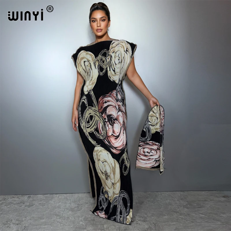 WINYI Pleated Elastic Slim Dress Women Crumple Design Pleated Luxury Abaya Muslim Party Dress Poncho for Women Beach Wear Kaftan