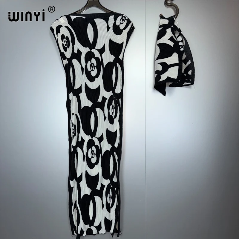 WINYI Pleated Elastic Slim Dress Women Crumple Design Pleated Luxury Abaya Muslim Party Dress Poncho for Women Beach Wear Kaftan